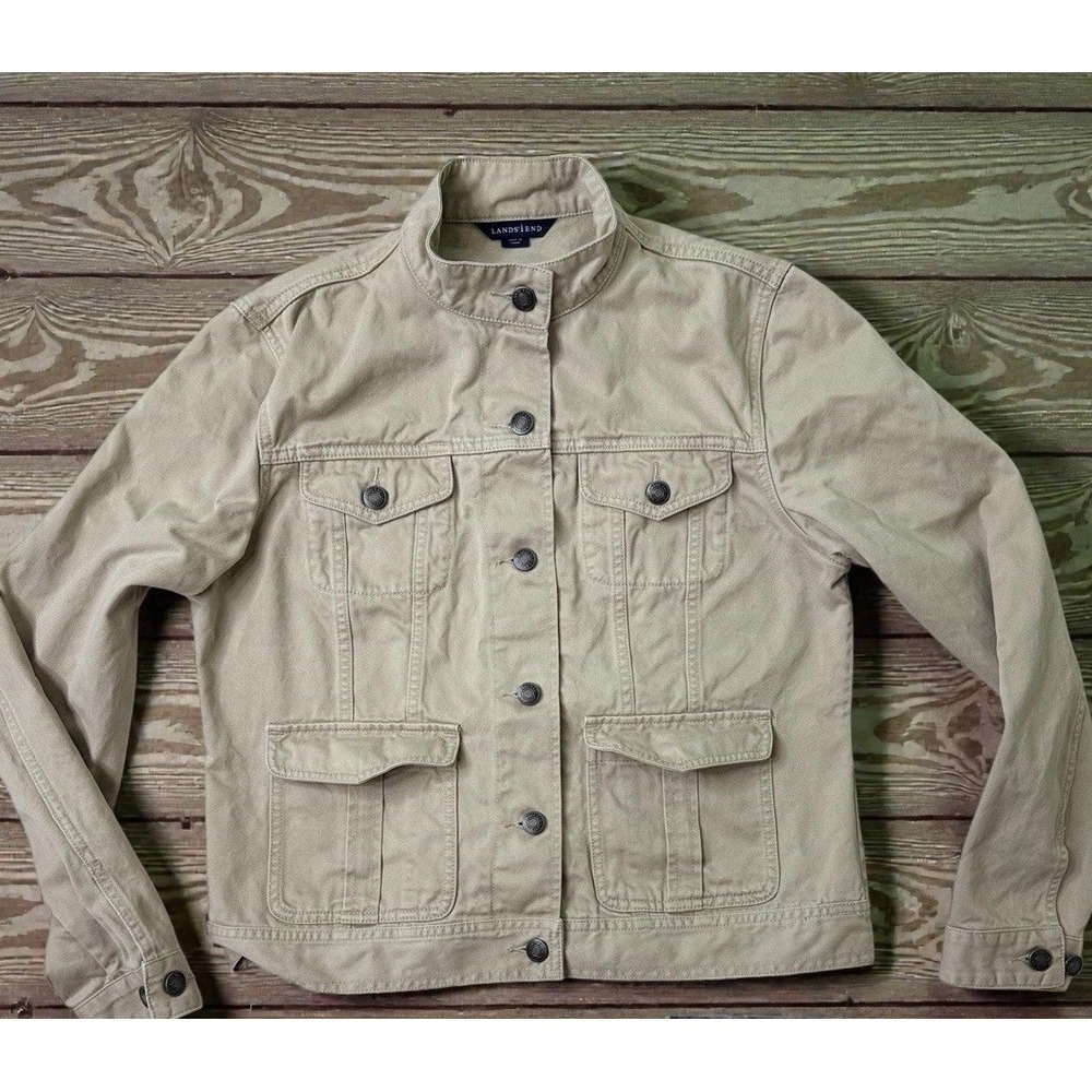 Lands End Womens Utility Jacket M Khaki Tan Cotton Field Chore Safari Coat